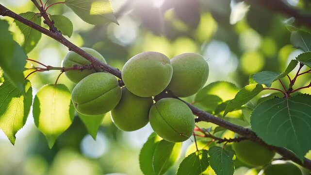 Unripe Green Apricots Growing on a Branch in a Sunny Orchard.