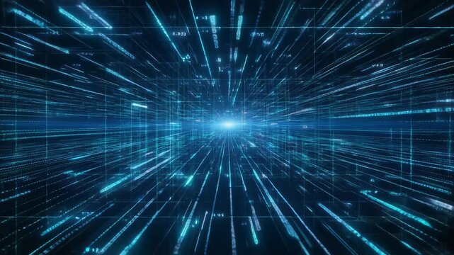 A digital data stream illustration with lines of light, numbers converge towards a central point