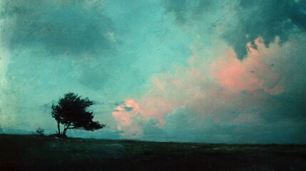 Dramatic sky with pastel clouds and solitary tree silhouetted against a moody horizon