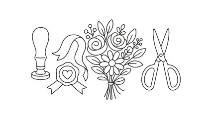 A colorful illustration of flowers and crafting tools on a white background