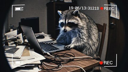 Raccoon using laptop on messy desk from security camera footage. Animal learning technology in secret. Surveillance and unexpected activity. Cctv System. Fun joke.
