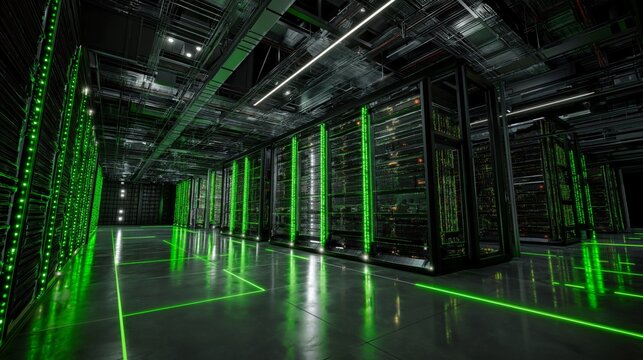 Reliability backend infrastructure with green data layers in a modern server room - Powered by Adobe