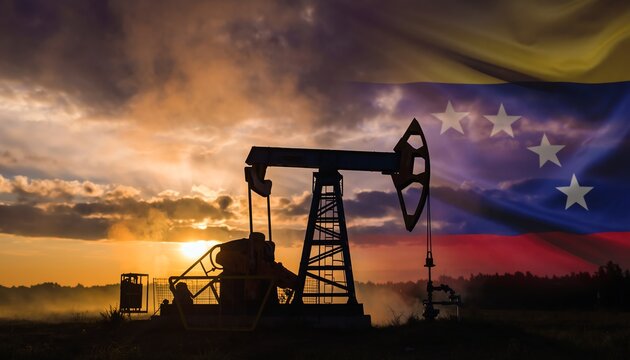 Oil pump sunset venezuela industry silhouette, dramatic sky, national colors, symbolizing energy, economy and petroleum production in South America.