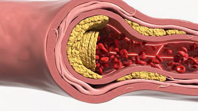 Blood clots and plaque form in an artery with red blood cells passing through in a detailed anatomical 3d animation