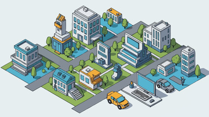 Isometric City Block with Buildings and Vehicles.