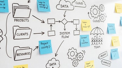 Business process management flowchart with sticky notes on whiteboard
