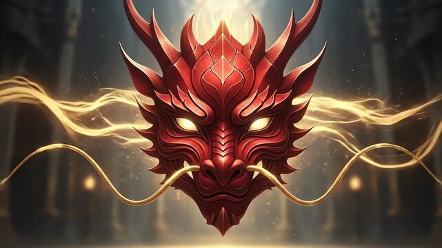 Ornate glowing red dragon mask suspended in ceremonial cathedral hall.