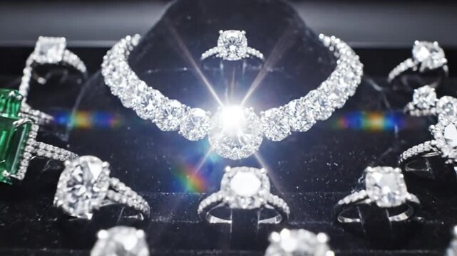 A stunning assortment of sparkling jewelry displayed elegantly, featuring diamonds and an emerald piece, set against a dark velvet background, ideal for showcasing luxury and elegance