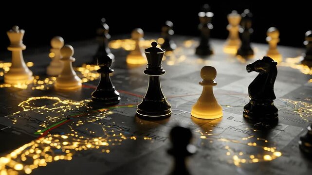 Illuminated chess pieces on global map representing strategic planning.