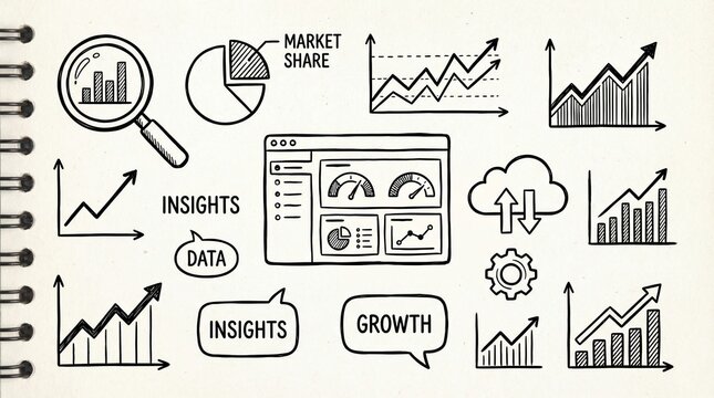 Business growth and data analysis concepts illustrated in a notebook - Powered by Adobe
