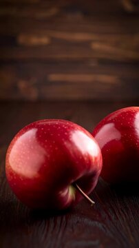 Two shiny red apples sitting on a dark, rustic wooden table with visible wood grain and natural lighting, studio shot