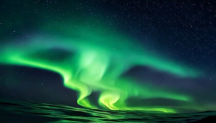 Fototapeta premium A stunning nighttime display of vibrant green aurora borealis dances across a starry sky, reflecting in dark waters