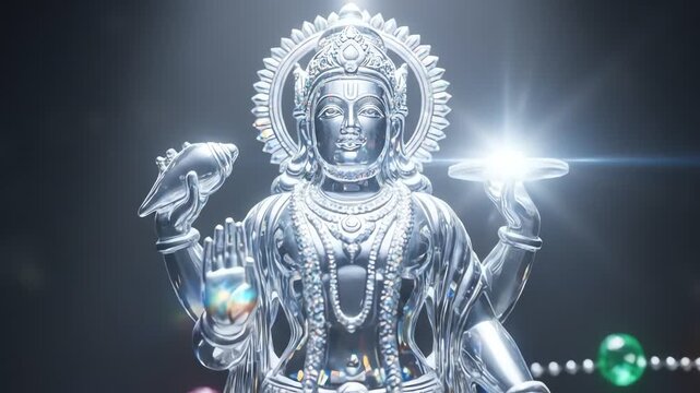 Silver multi-armed Hindu deity statue with radiant halo and light.