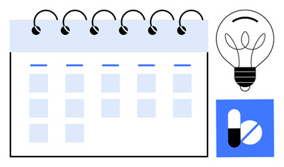 Healthcare management, scheduling, innovation, medical planning, time management, creative thinking. A calendar, light bulb and medicine capsule icons. Healthcare management and scheduling concept
