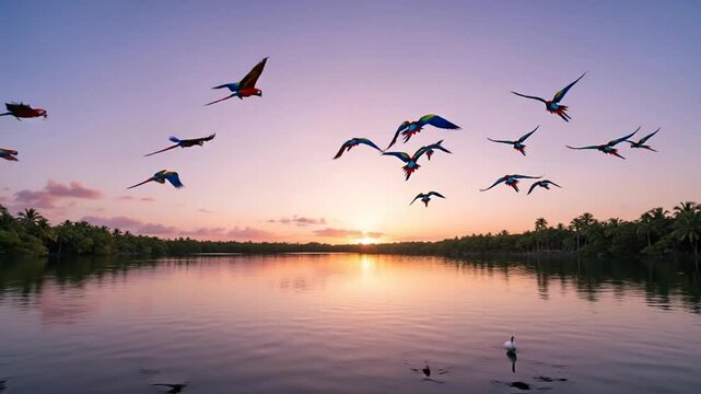 Colorful parrots flying over tranquil water at sunset, tropical paradise