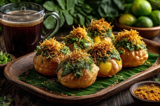 Indian Street Food Chaat with Crispy Puri, Green Chutney, and Golden Sev Topping