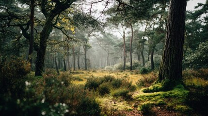 Obraz premium Dense evergreen forest canopy with dappled sunlight creating a tranquil woodland scene