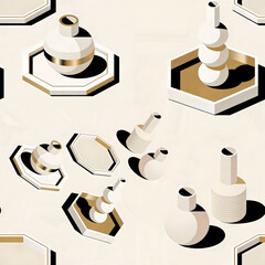 Isometric vases and trays with gold accents