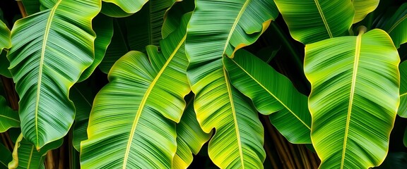 Large vibrant green banana leaves, tropical foliage, jungle, farming