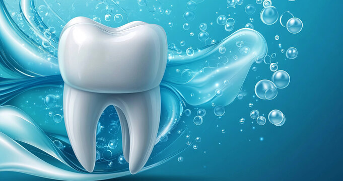 tooth on a blue background with abstract waves and bubbles,