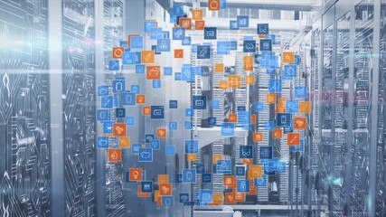 Animation of globe made of icons rotating over servers - Powered by Adobe