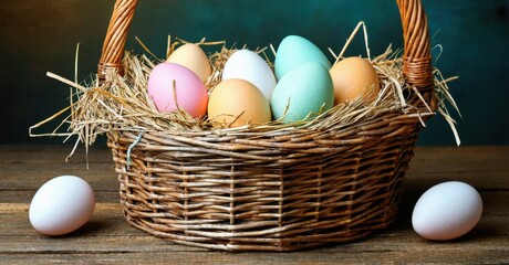Woven basket holds colorful eggs. Straw nest surrounds them. Two eggs rest outside, wooden surface visible. Springtime scene.