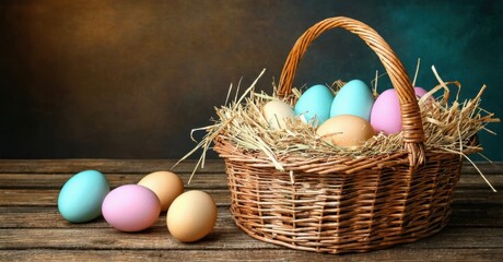 Woven basket holds colorful eggs. Straw nest surrounds them. Rustic wooden surface provides backdrop. Easter theme present.