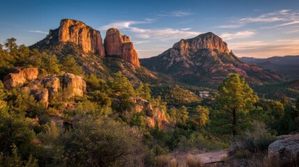 Naklejka premium Majestic red rock canyon formations illuminated by warm golden sunset light in Arizona