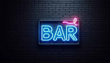 Fototapeta premium Neon sign lights up the dark brick wall displaying the word bar in vibrant colors inviting visitors to enjoy nightlife in area.