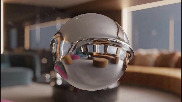 Liquid chrome sphere deforming and morphing in luxury interior setting with reflections