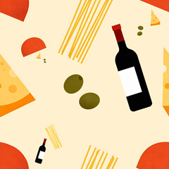 Wine cheese pasta and olives on a beige background