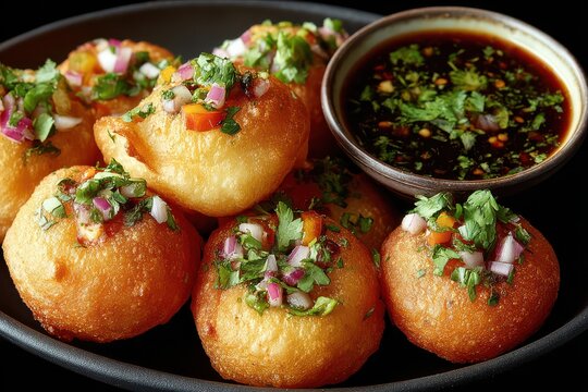 Pani Puri Indian street food snacks, crispy golden fried with fresh herb and vegetable topping, served with savory dipping sauce
