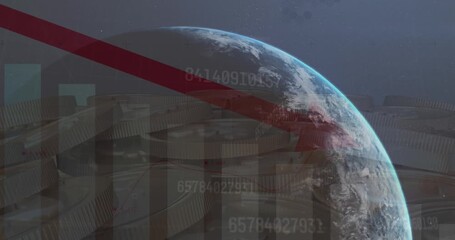 Animation of statistics with numbers changing and red arrow over globe - Powered by Adobe