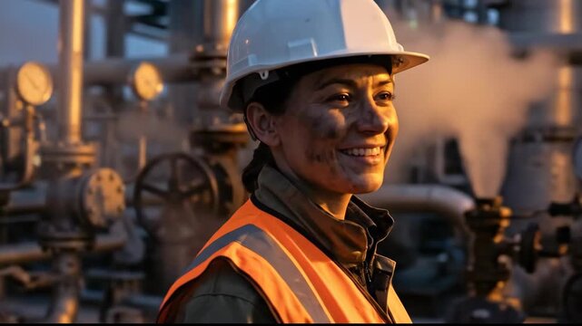 Confident Female Engineer in Hard Hat and Safety Vest Smiles Amidst Industrial Machinery and Steam in Safe Setting