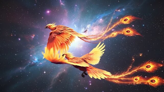Majestic fiery phoenix soaring through a cosmic galaxy of glowing stars.