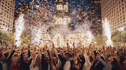 Festive 2027 New Year's Eve Celebration with Fireworks and Crowd