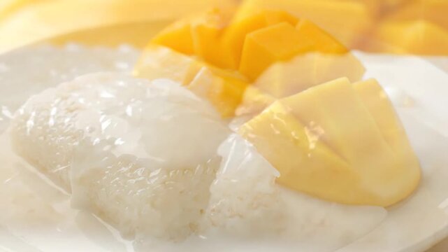 A vibrant plate of sweet sticky rice topped with ripe mango slices, drizzled with coconut cream, beautifully arranged on a white dish against a light wooden background