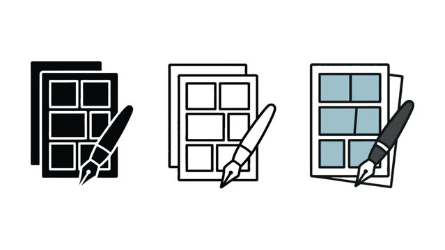 Three icons depict a storyboard layout with a pen tool for creative design. - Powered by Adobe