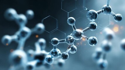 A 3d rendering of molecular structures on a blue background with hexagons - Powered by Adobe