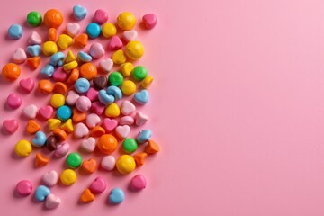 Obraz premium Colorful Valentine's Day Candies on Pastel Pink Background: Conceptual Still Life with Copy Space