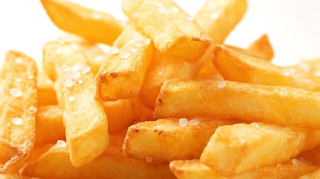 A close-up view of freshly cooked golden French fries sprinkled with salt, showcasing their crispy texture and appetizing appearance, ideal for food-related content or menus