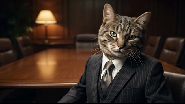 Confident Tabby Cat in Formal Suit Exudes Authority at Boardroom Table, Showcasing Business Charm and Distinguished Presence