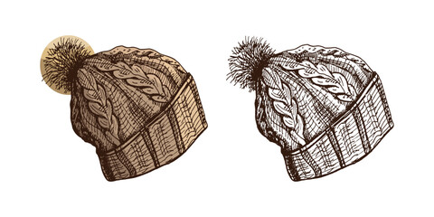 Hand drawn vintage sketch of knitted winter hat with pompom in color and monochrome version, isolated vector illustration