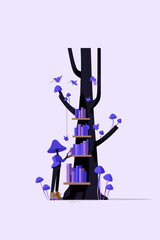 Whimsical Illustration of a Person with Books Under a Purple Tree