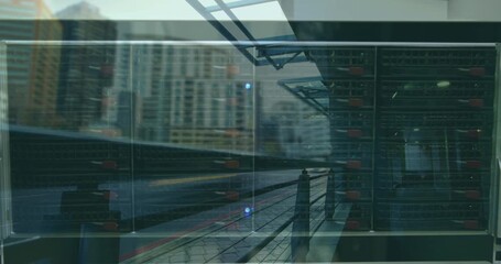 Animation of servers over cityscape - Powered by Adobe