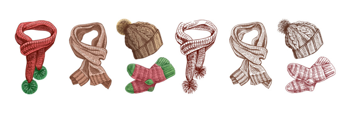 Hand drawn vintage sketch of knitted scarf, hat and socks in color and monochrome version, cozy winter set