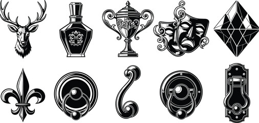 Vintage decorative emblem silhouette collection with deer head trophy mask fleur de lis isolated on white background illustration set design © Hey There