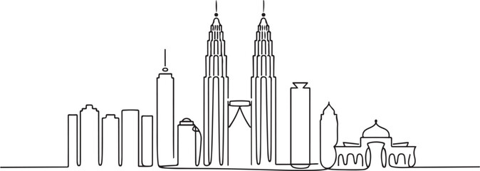 Naklejka premium One single line drawing of Kuala Lumpur city skyline, Malaysia. Historical town landscape in the world. Best holiday destination. one line Icon drawing