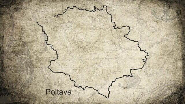 Poltava map drawn on a cartography background sheet of paper