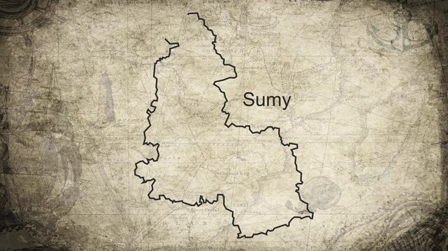 Sumy map drawn on a cartography background sheet of paper